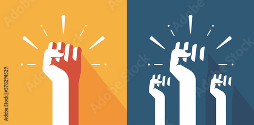Fists hands up power pump icon old retro vector graphics illustration, strong crowd people protest revolution, rebel union win, solidarity rights fight poster, courage team, riot raised clenched palm
