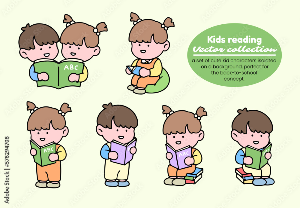 Kids reading vector collection. A set of cute kid characters isolated on a background, perfect for back to school concept.