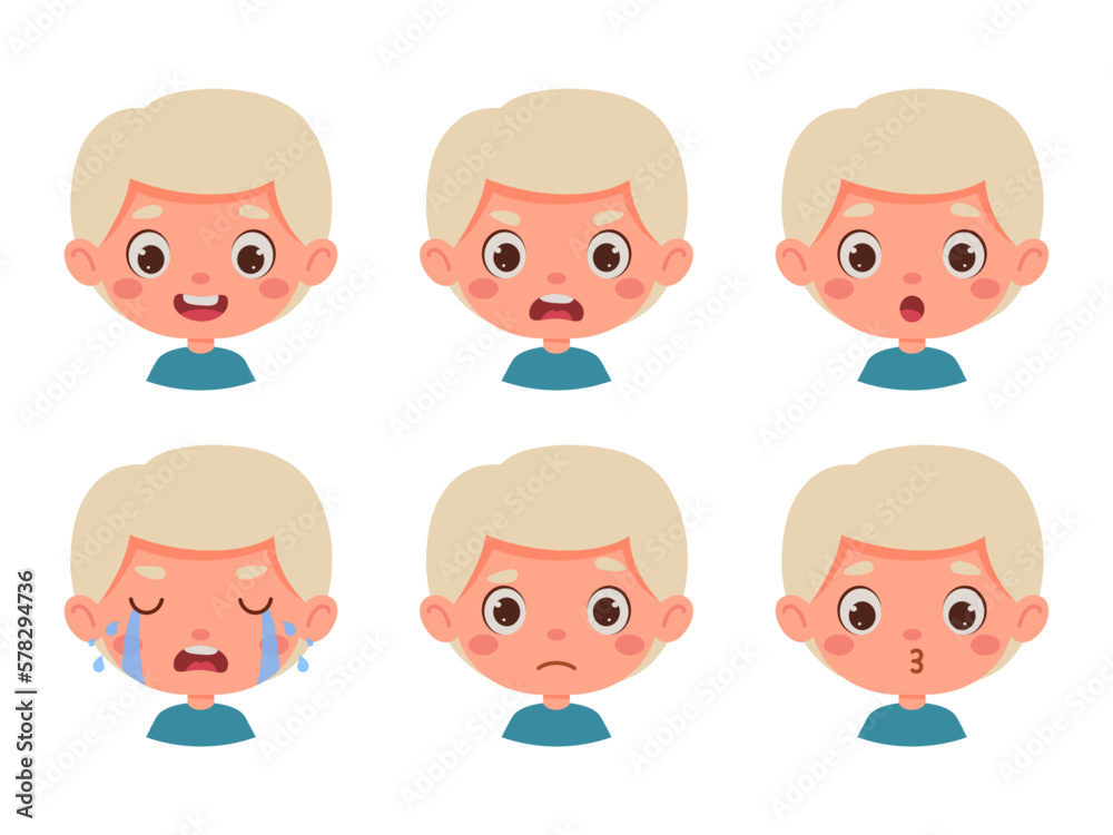 Cute cartoon little kid blond boy in various expressions and gesture. Cartoon child character showing different emotions. Vector illustration Cute cartoon little kid blond boy in various expressions and gesture. Cartoon child character showing different emotions. Vector illustration