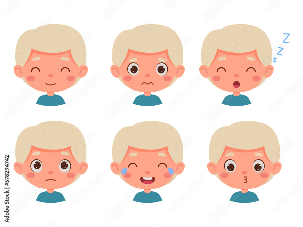 Cute cartoon little kid blond boy in various expressions and gesture. Cartoon child character showing different emotions. Vector illustration Cute cartoon little kid blond boy in various expressions and gesture. Cartoon child character showing different emotions. Vector illustration
