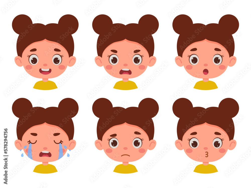 Cute cartoon little kid girl in various expressions and gesture. Cartoon child character showing different emotions. Vector illustration Cute cartoon little kid girl in various expressions and gesture. Cartoon child character showing different emotions. Vector illustration