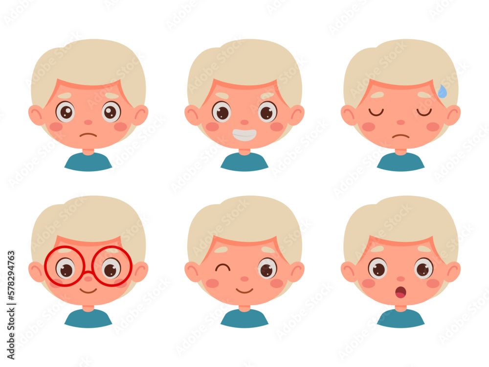 Cute cartoon little kid blond boy in various expressions and gesture. Cartoon child character showing different emotions. Vector illustration