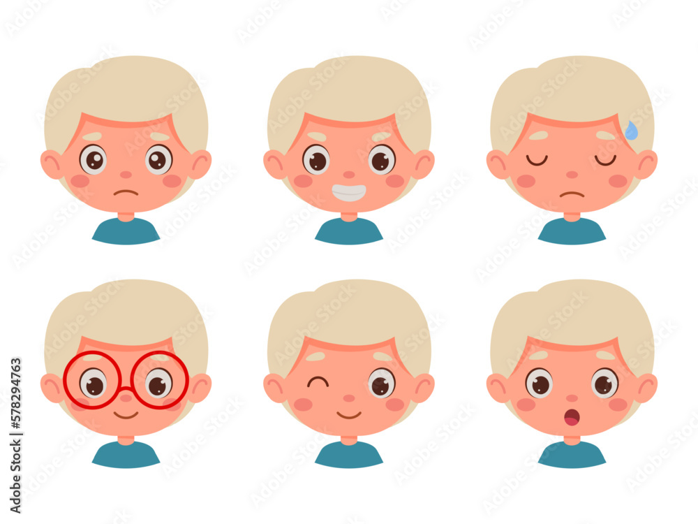Cute cartoon little kid blond boy in various expressions and gesture. Cartoon child character showing different emotions. Vector illustration Cute cartoon little kid blond boy in various expressions and gesture. Cartoon child character showing different emotions. Vector illustration