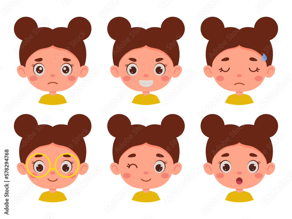 Cute cartoon little kid girl in various expressions and gesture. Cartoon child character showing different emotions. Vector illustration Cute cartoon little kid girl in various expressions and gesture. Cartoon child character showing different emotions. Vector illustration