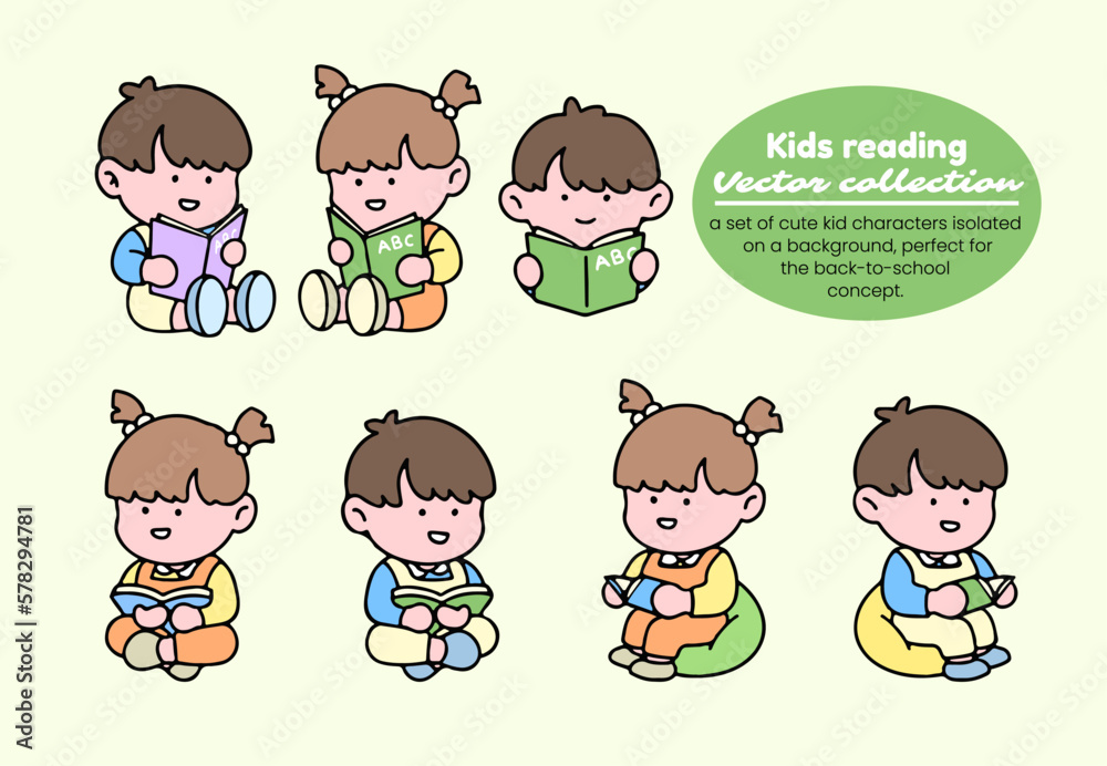 Kids reading vector collection. A set of cute kid characters isolated on a background, perfect for back to school concept. Kids reading vector collection. A set of cute kid characters isolated on a background, perfect for back to school concept.