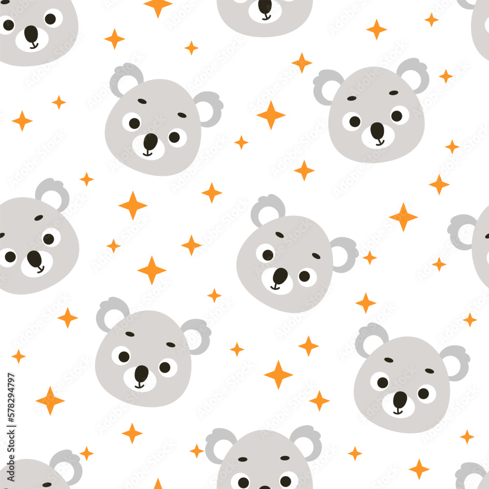 Cute little koala head seamless childish pattern. Funny cartoon animal character for fabric, wrapping, textile, wallpaper, apparel. Vector illustration