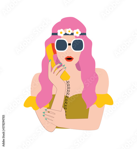 Hippie beautiful girl in retro sunglasses with hair band and phone in her hands. 70s retro groovy concept. Woman portrait. print for t-shirt, card, poster, flyer. Retro vibes