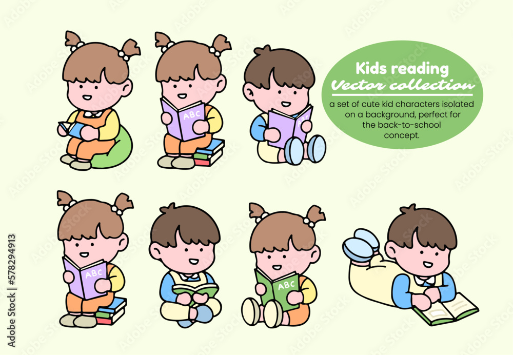 Kids reading vector collection. A set of cute kid characters isolated on a background, perfect for back to school concept. Kids reading vector collection. A set of cute kid characters isolated on a background, perfect for back to school concept.