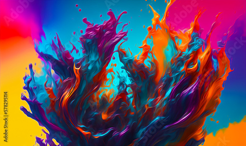 Abstract splash and mixing of bright multi-colored paints, colorful bubbles, splatters and drops. Generative AI. 