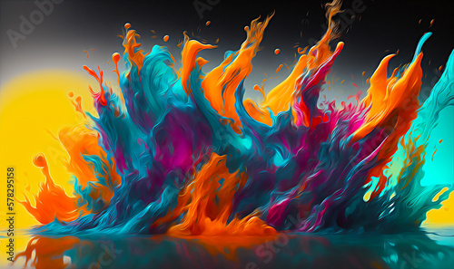 Abstract splash and mixing of bright multi-colored paints, colorful bubbles, splatters and drops. Generative AI. 
