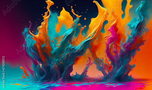 Abstract splash and mixing of bright multi-colored paints, colorful bubbles, splatters and drops. Generative AI. 