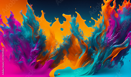 Abstract splash and mixing of bright multi-colored paints, colorful bubbles, splatters and drops. Generative AI. 