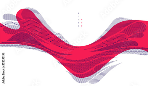 Abstract oriental Japanese art vector background in red color, traditional style design, wavy shapes and mountains terrain landscape, runny like sea lines.
