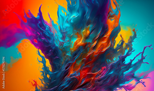 Abstract splash and mixing of bright multi-colored paints, colorful bubbles, splatters and drops. Generative AI. 