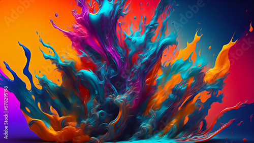 Abstract splash and mixing of bright multi-colored paints, colorful bubbles, splatters and drops. Generative AI. 
