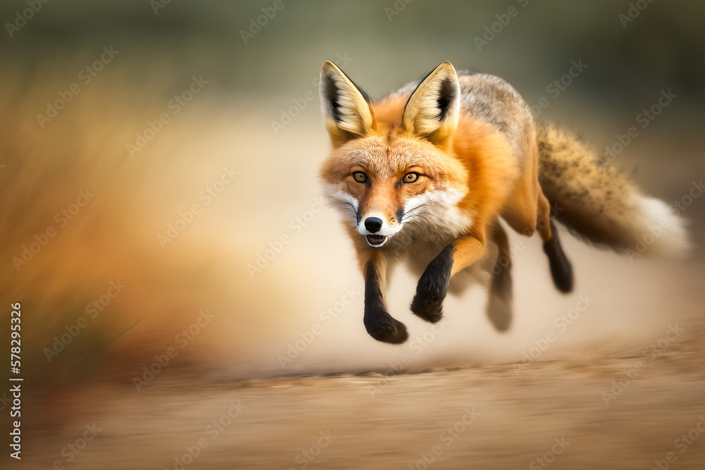 Fototapeta premium A fast running fox through the forest, blurred background and copy space. Generative ai