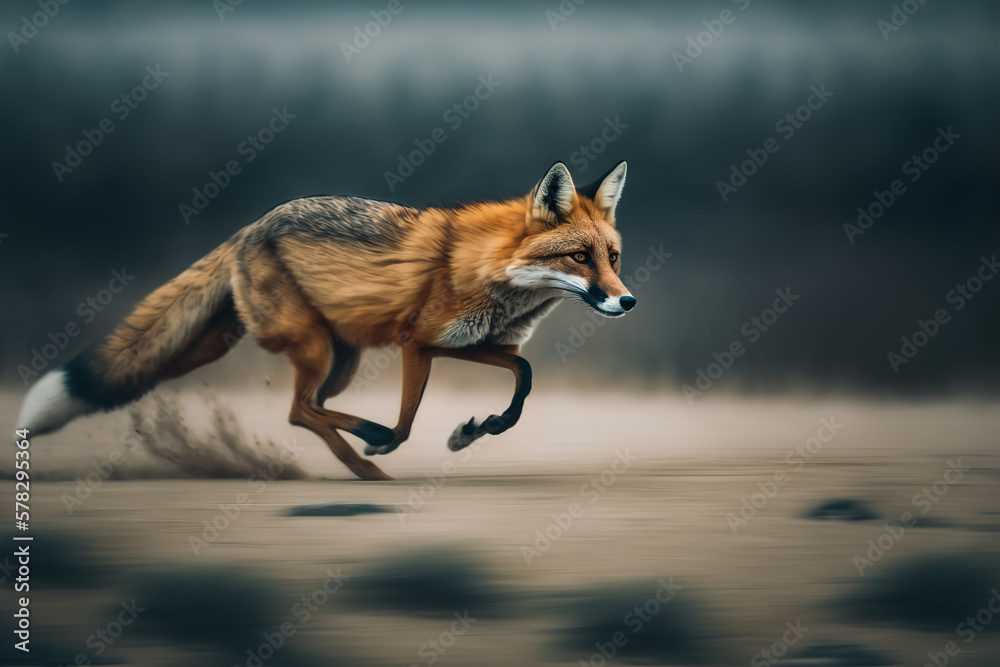 Obraz premium A fast running fox through the forest, blurred background and copy space. Generative ai