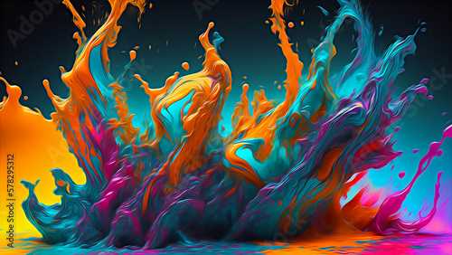 Abstract splash and mixing of bright multi-colored paints, colorful bubbles, splatters and drops. Generative AI. 
