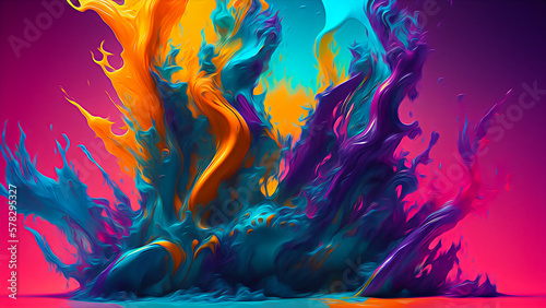 Abstract splash and mixing of bright multi-colored paints, colorful bubbles, splatters and drops. Generative AI. 