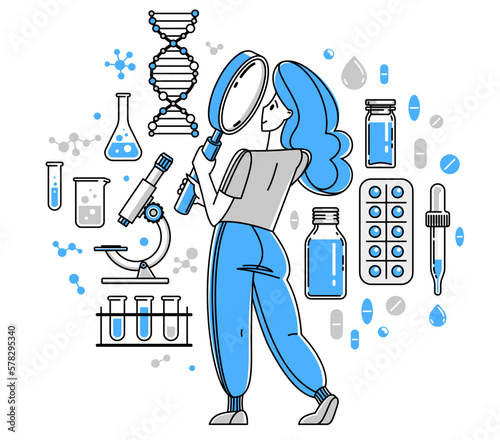 Pharma research to create new drugs, vaccines or other medicine, vector illustration of scientist working in laboratory searching for new formula of mediation.