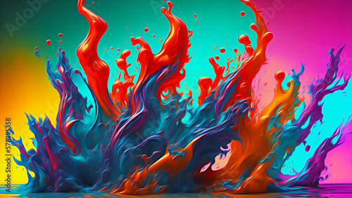 Abstract splash and mixing of bright multi-colored paints, colorful bubbles, splatters and drops. Generative AI. 