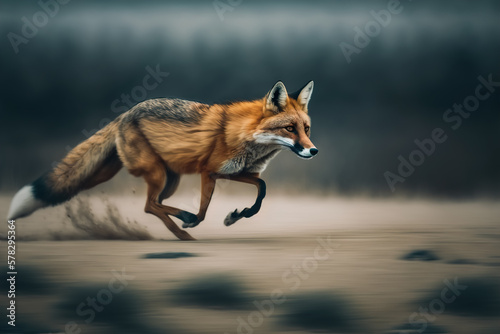 A fast running fox through the forest, blurred background and copy space. Generative ai