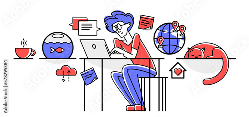 Freelance work on internet, young person freelancer doing some online job and messaging and chatting, self-employed creative worker.