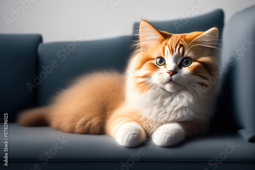 A cute red striped young cat lies on a gray sofa and looks attentively. AI generated.