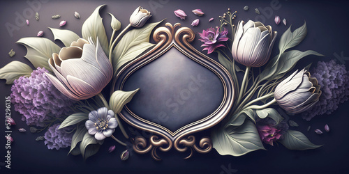 Dark purple flower background banner with ornate frame with copy space at center. Generative AI.