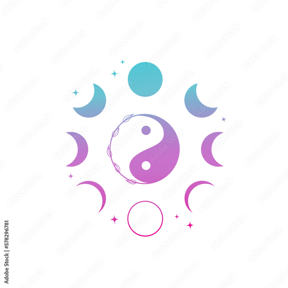 Moon phases, astronomical set moon stars yin yang, harmony Moon phases, astronomical set moon stars yin yang, harmony