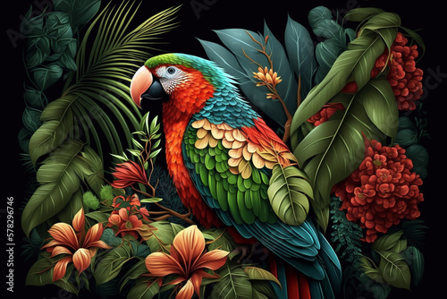 Tropical rainforest with parrot with leaves and flowers. Generative AI illustration