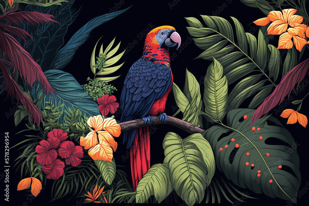 Fototapeta premium Tropical rainforest with parrot with leaves and flowers. Generative AI illustration