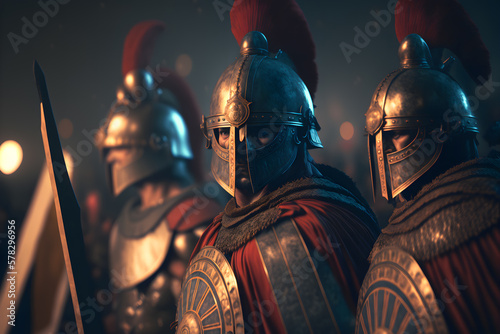 A Roman legion was a large military unit of the Roman army preparing for battle at night. Neural network AI generated art photo