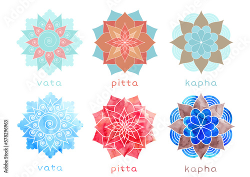 Doshas symbols drawn like mandala with watercolor texture. Vata, pitta, kapha - ayurvedic body types icons.