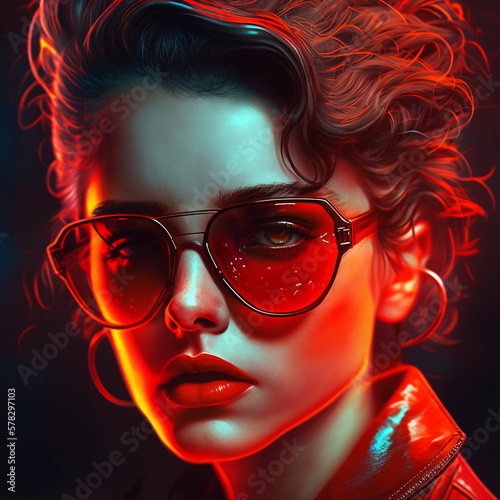 Portrait of girl wearing sunglasses in 1980s video game style. Generative Ai