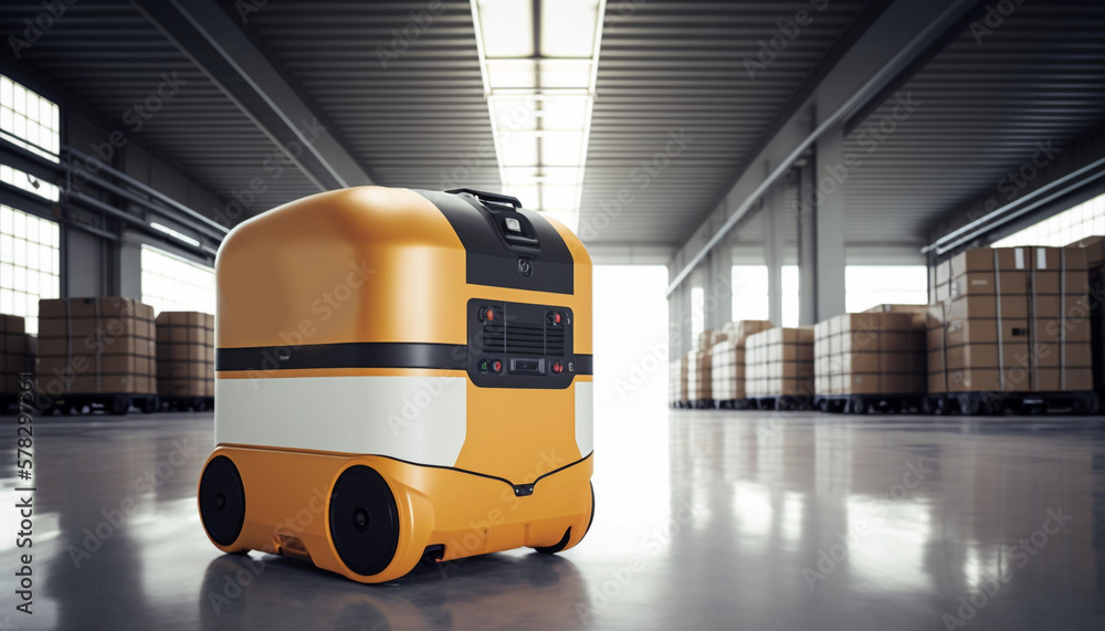 ภาพประกอบสต็อก Warehouse with AGV (Automated Guided Vehicle) and boxes ...