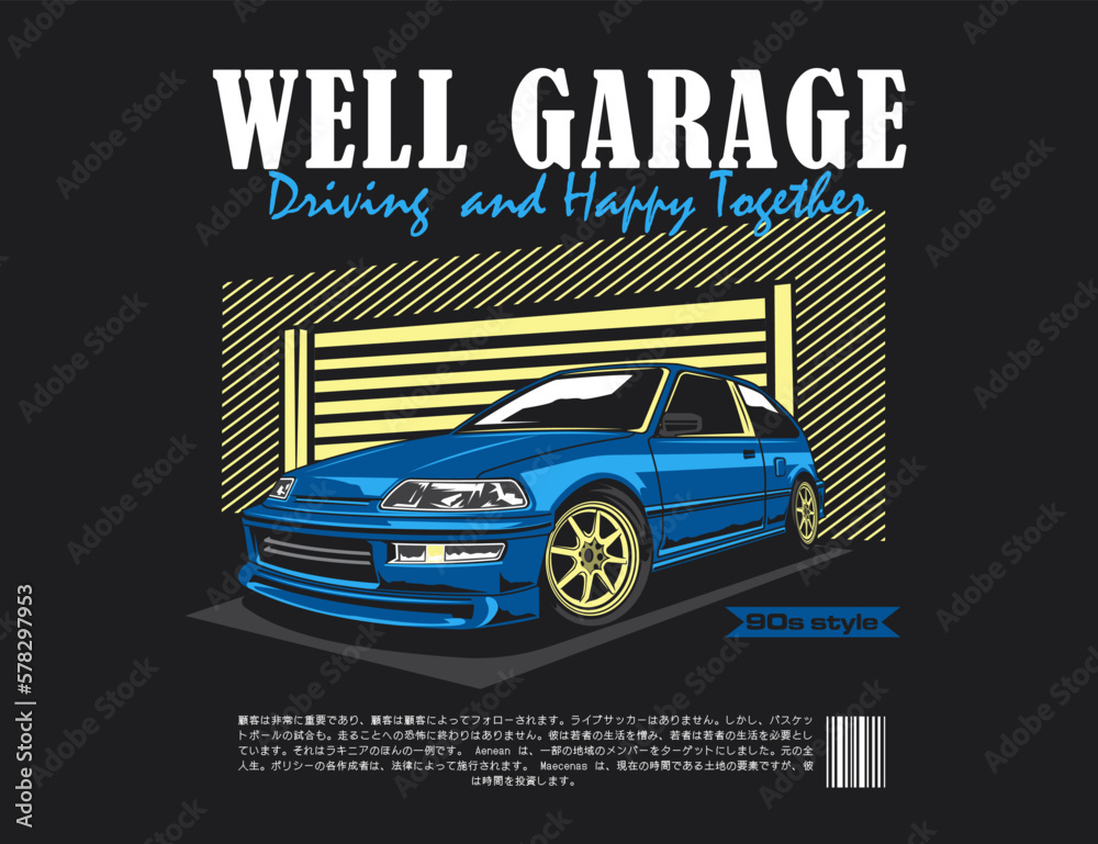t-shirt design vector with car illustration and garage background along with text graphic