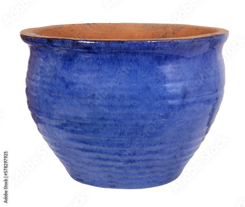 Clay pot with blue ceramic glaze, transparent background