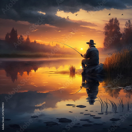 Man fishing at sunset. Generative AI.