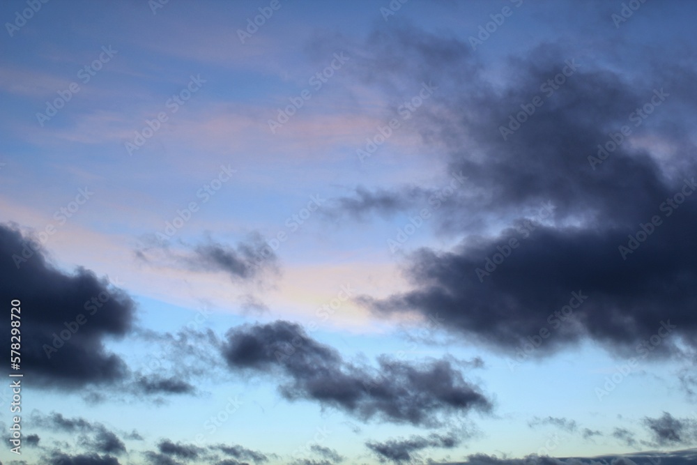 Colourful cloudy twilight beautiful sky cityscape sunset and morning sunrise. Dramatic evening night early morning view. Panoramic nature background concept. Copy space for text. World environment day