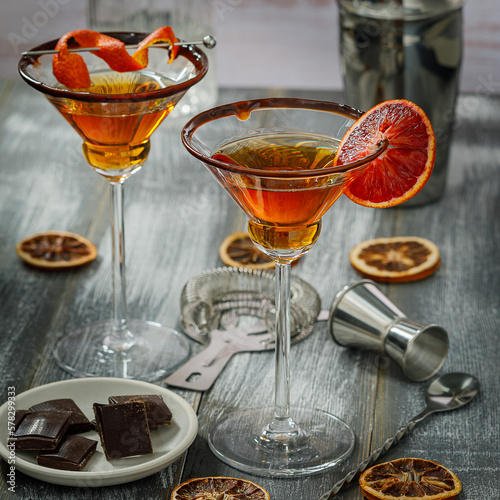 Chocolate orange cocktail in martini glass. Martini alcoholic cocktail or non-alcoholic mocktail. Martinis.
