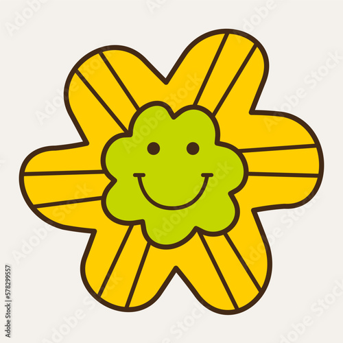 Smiling flower, abstract personage, mascot design, funny face, cute icon.