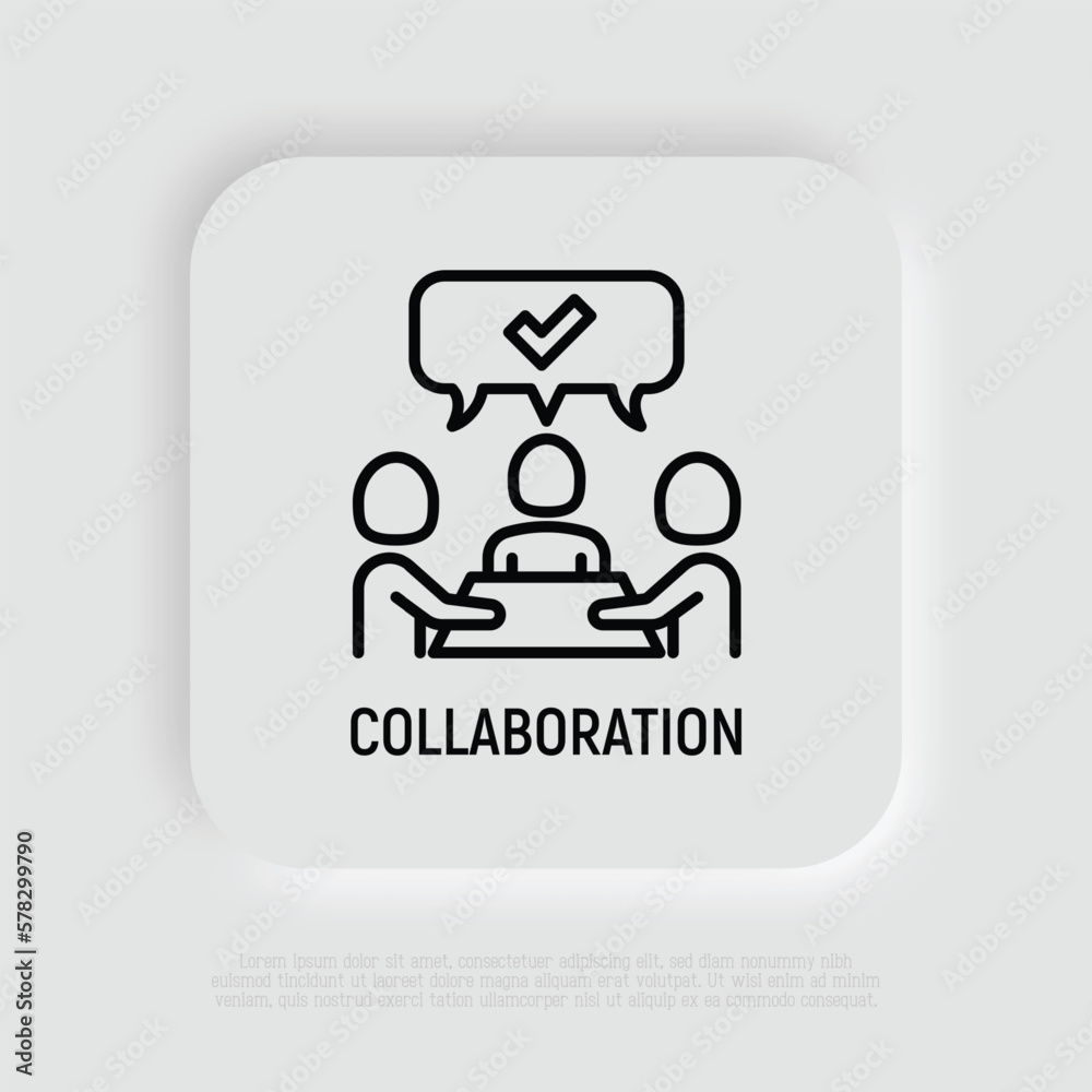 Collaboration, teamwork thin line icon: people at brainstorm. Successful communication. Modern vector illustration. Collaboration, teamwork thin line icon: people at brainstorm. Successful communication. Modern vector illustration.