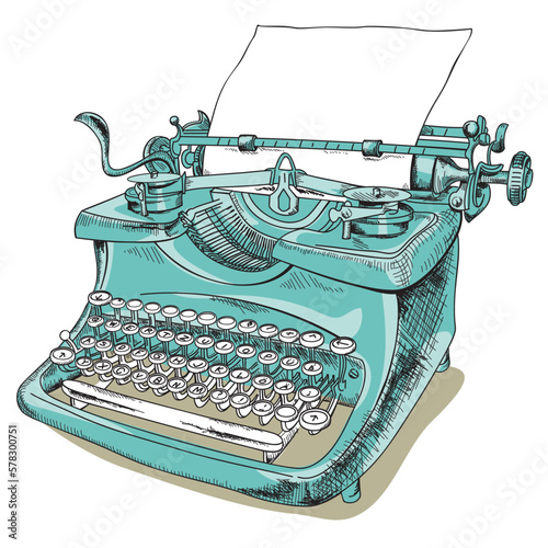 Hand-drawn Vector Vintage typewriter with paper sheet isolated on white
