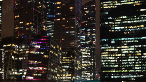 panoramic background with of illuminated skyscrapers in Moscow city business district in night