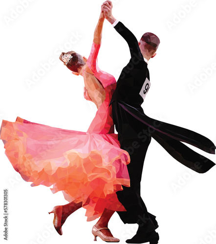 polygonal sport couple dancers in ballroom dance, colored vector  on white background