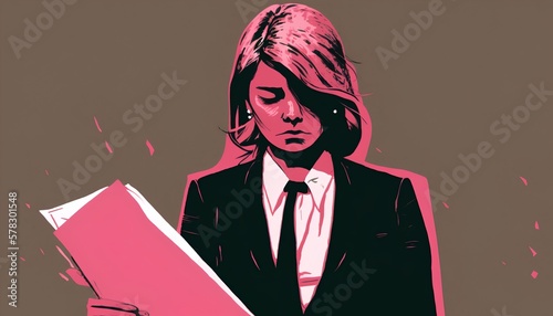 A cartoon-style, laid off female business person in a pink slip concept depicts an individual who lost their job due to performance or financial issues. Generative AI photo