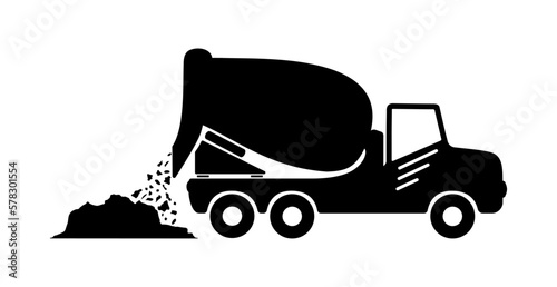 Cement mixer truck icon isolated on white. Construction transportation icon with black concrete mixer car. Transportation truck for use in logistics, automotive, construction truck design projects. 