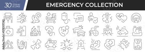 Emergency linear icons set. Collection of 30 icons in black