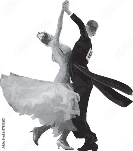 polygonal sport couple dancers in ballroom dance, shades gray vector on white background